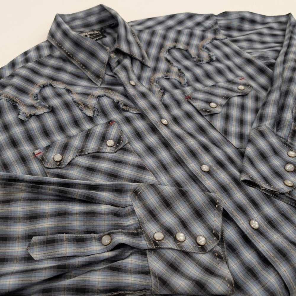 Panhandle Slim Western Shirt Mens Large Blue Plaid Pearl Snap Distressed‎ Cowboy